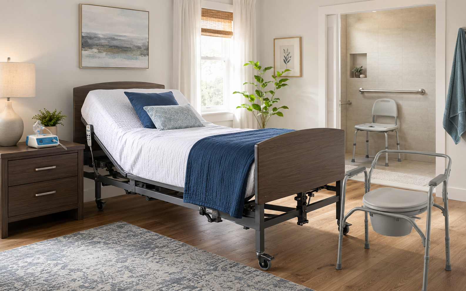 Home medical equipment arranged in a bright residential bedroom